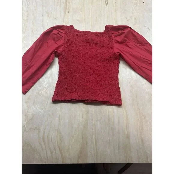 Anthropologie Women’s Red Smocked Blouse XS Fitted 3/4 Sleeve - Picture 4 of 6